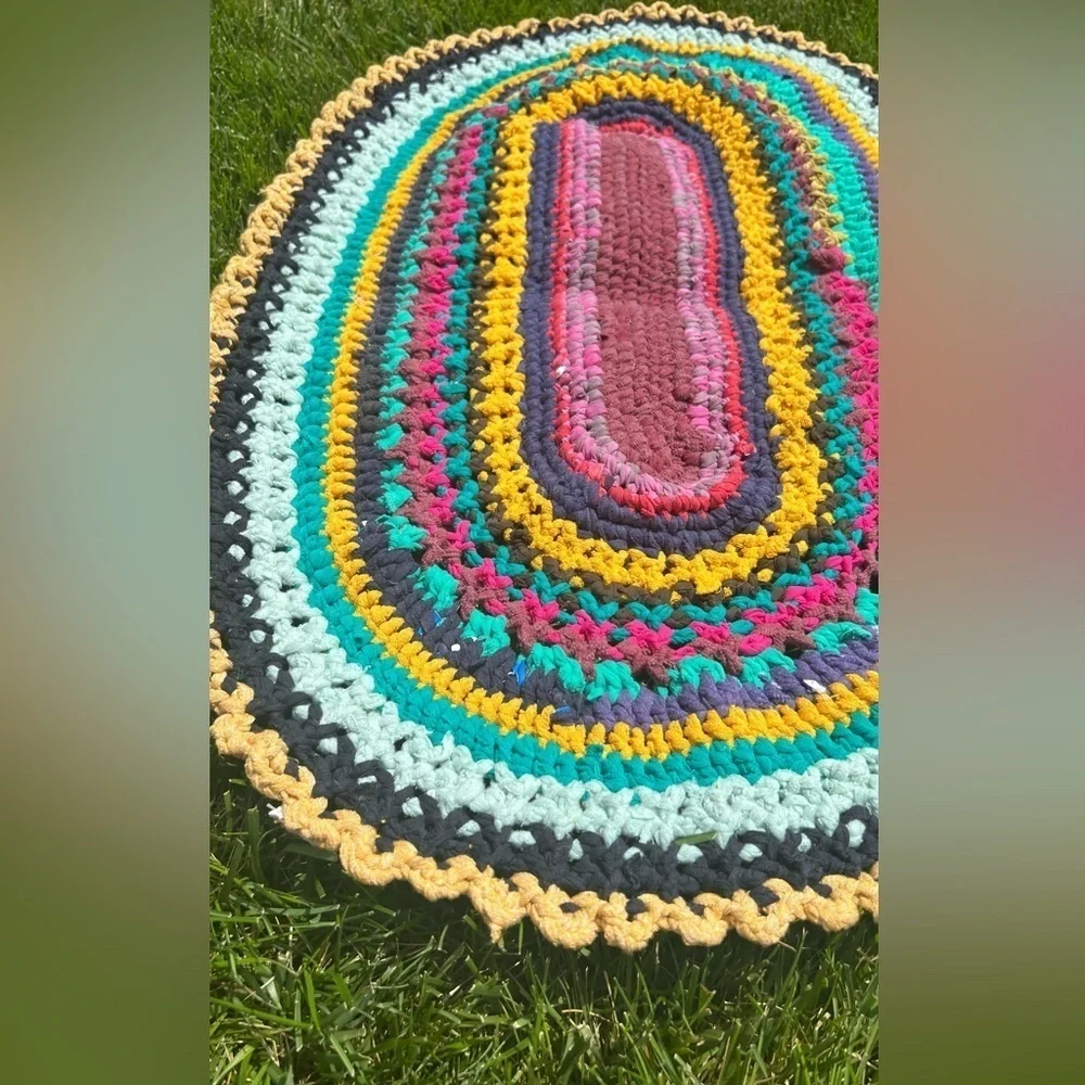 HANDMADE crochet upcycled recycled bohemian multicolor mat Sz 35